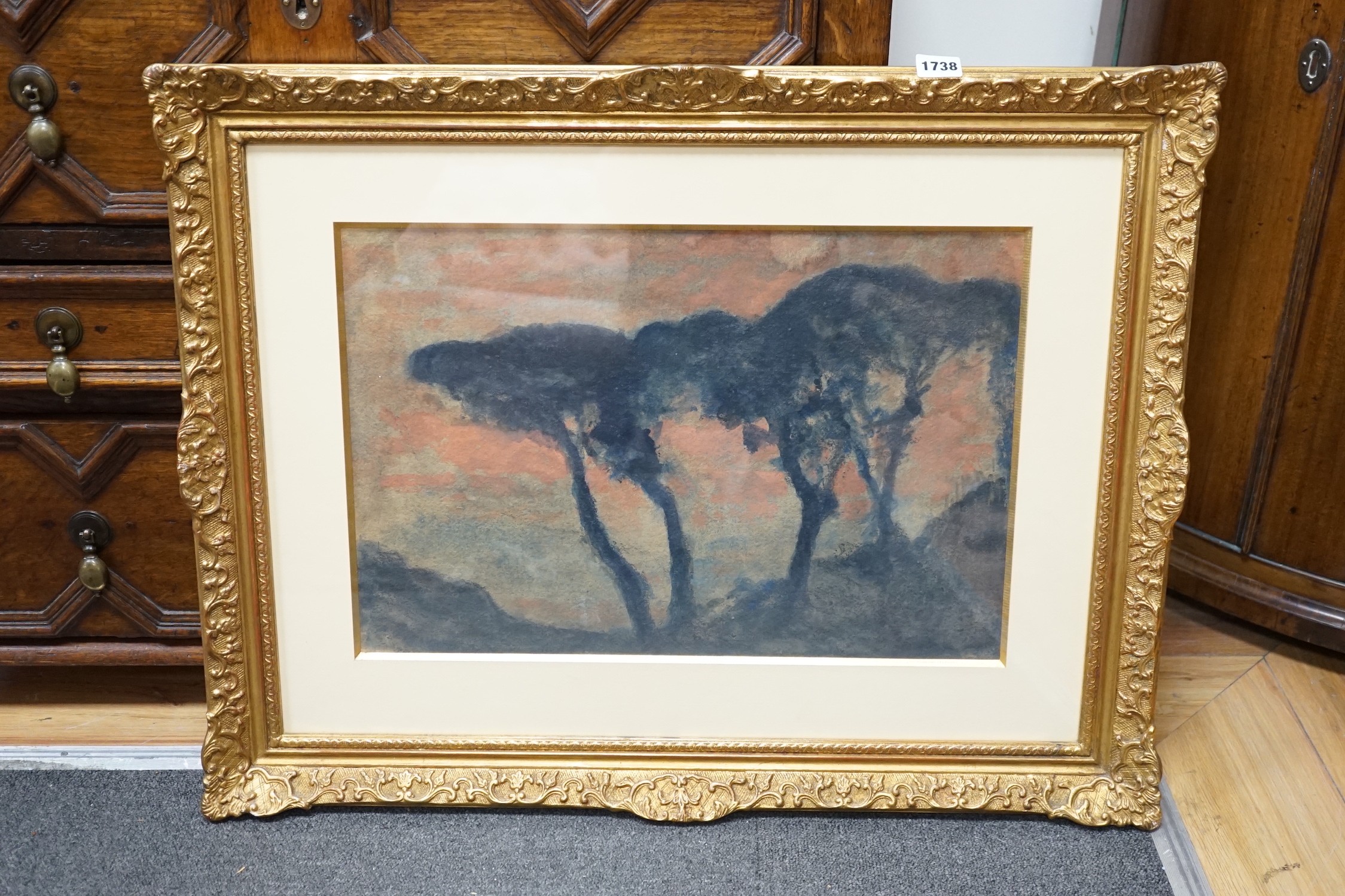 Attributed to Jean-Francis Auburtin (1866-1930), watercolour, ‘Arbes Au Soleil Couchant’, Galerie De la Poste label verso, 34 x 50cm